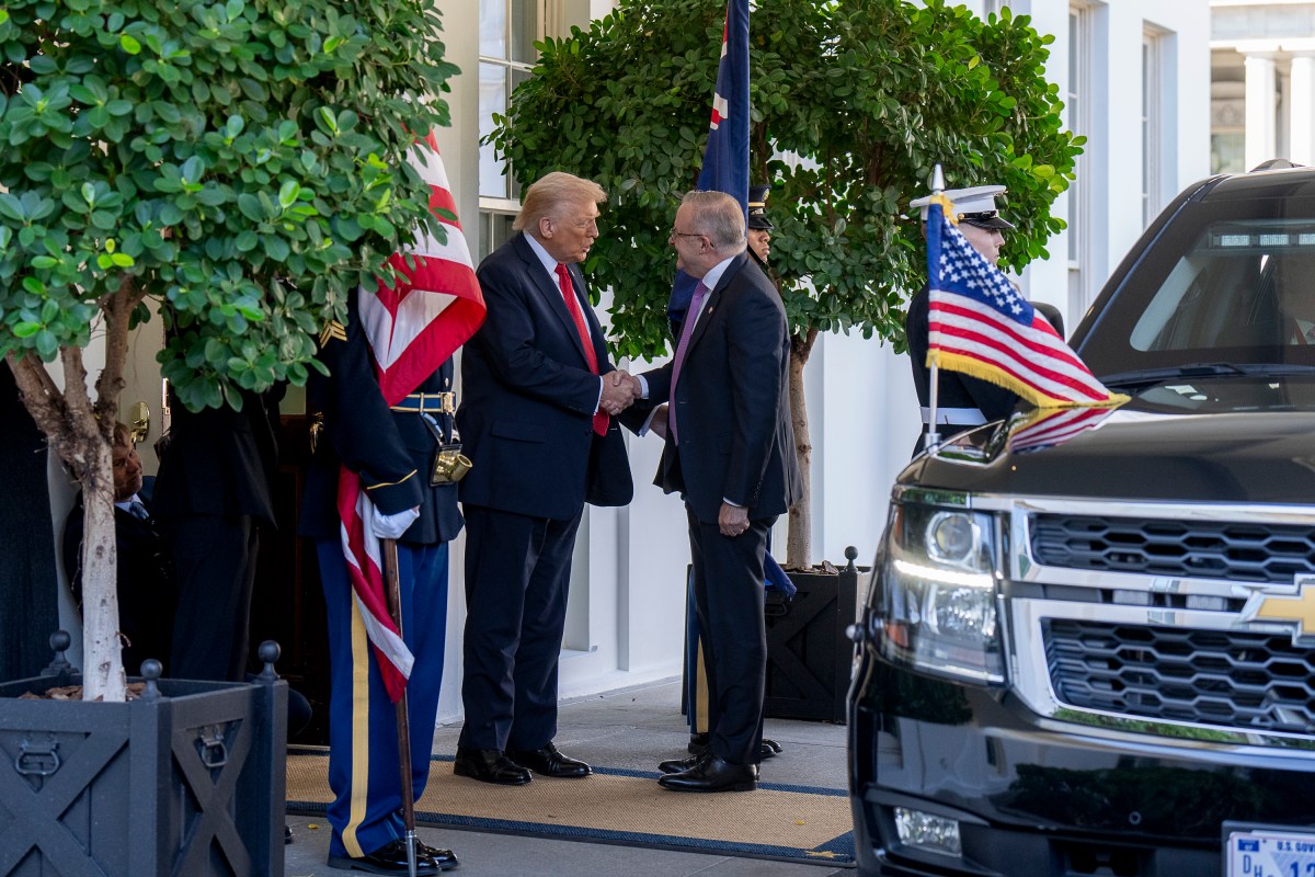 President Donald Trump greets Australian Prime Minister Anthony Albanese at the West Wing Lobby entrance of the White House, Monday, October 20, 2025. (Official White House Photo by Juliana Luz)