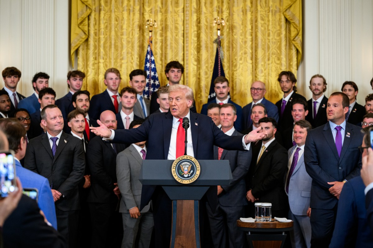 President Donald Trump delivers remarks in the East Room at an event celebrating the Louisiana State University Tigers and LSU Shreveport Pilots 2025 College World Series Championships, Monday, October 20, 2025. (Official White House Photo by Molly Riley)