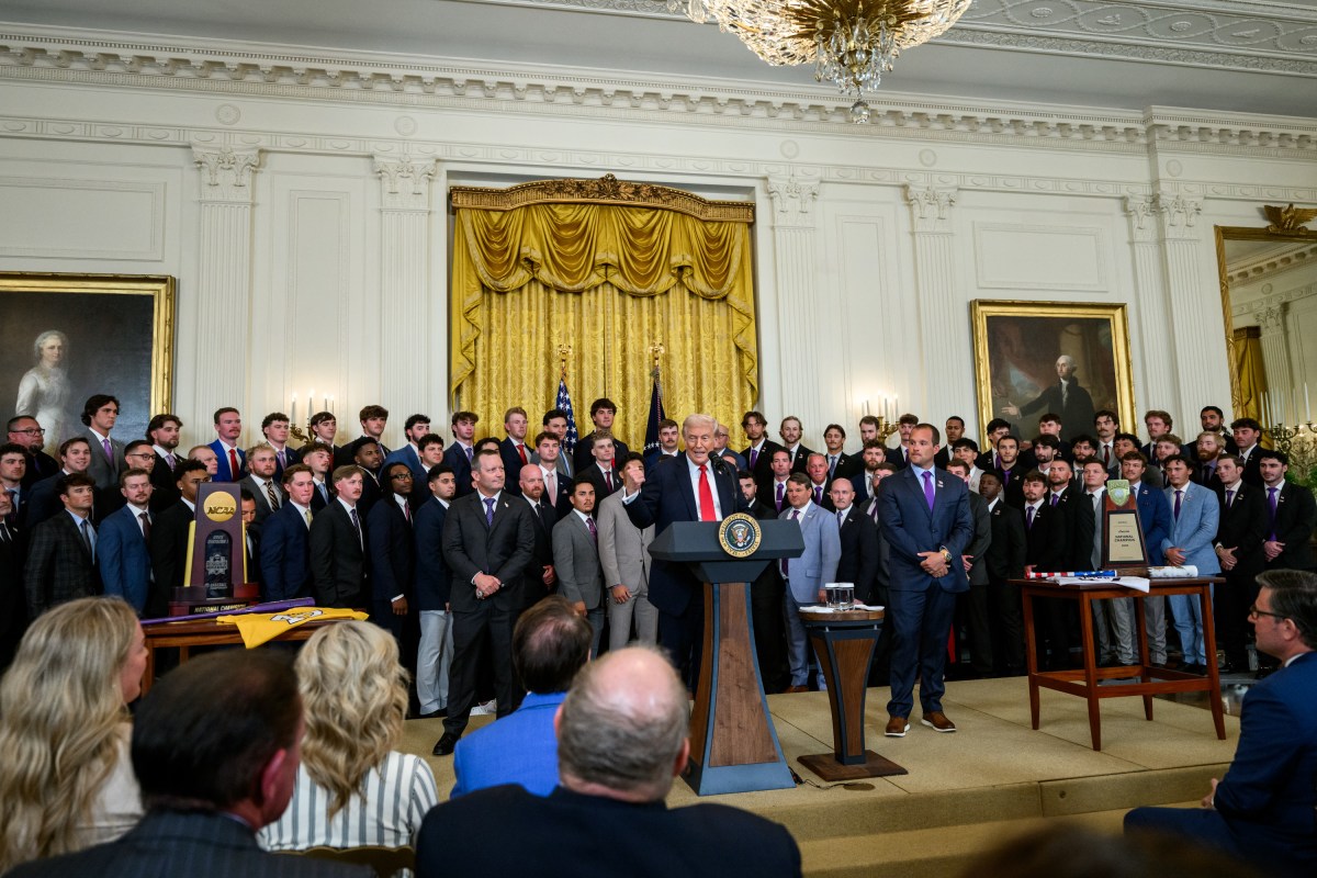 President Donald Trump delivers remarks in the East Room at an event celebrating the Louisiana State University Tigers and LSU Shreveport Pilots 2025 College World Series Championships, Monday, October 20, 2025. (Official White House Photo by Molly Riley)