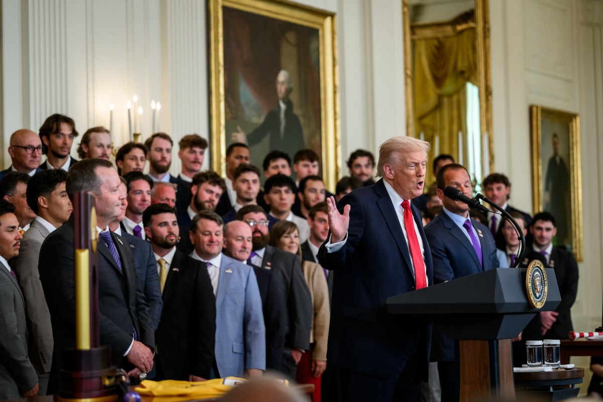 President Donald Trump delivers remarks in the East Room at an event celebrating the Louisiana State University Tigers and LSU Shreveport Pilots 2025 College World Series Championships, Monday, October 20, 2025. (Official White House Photo by Molly Riley)