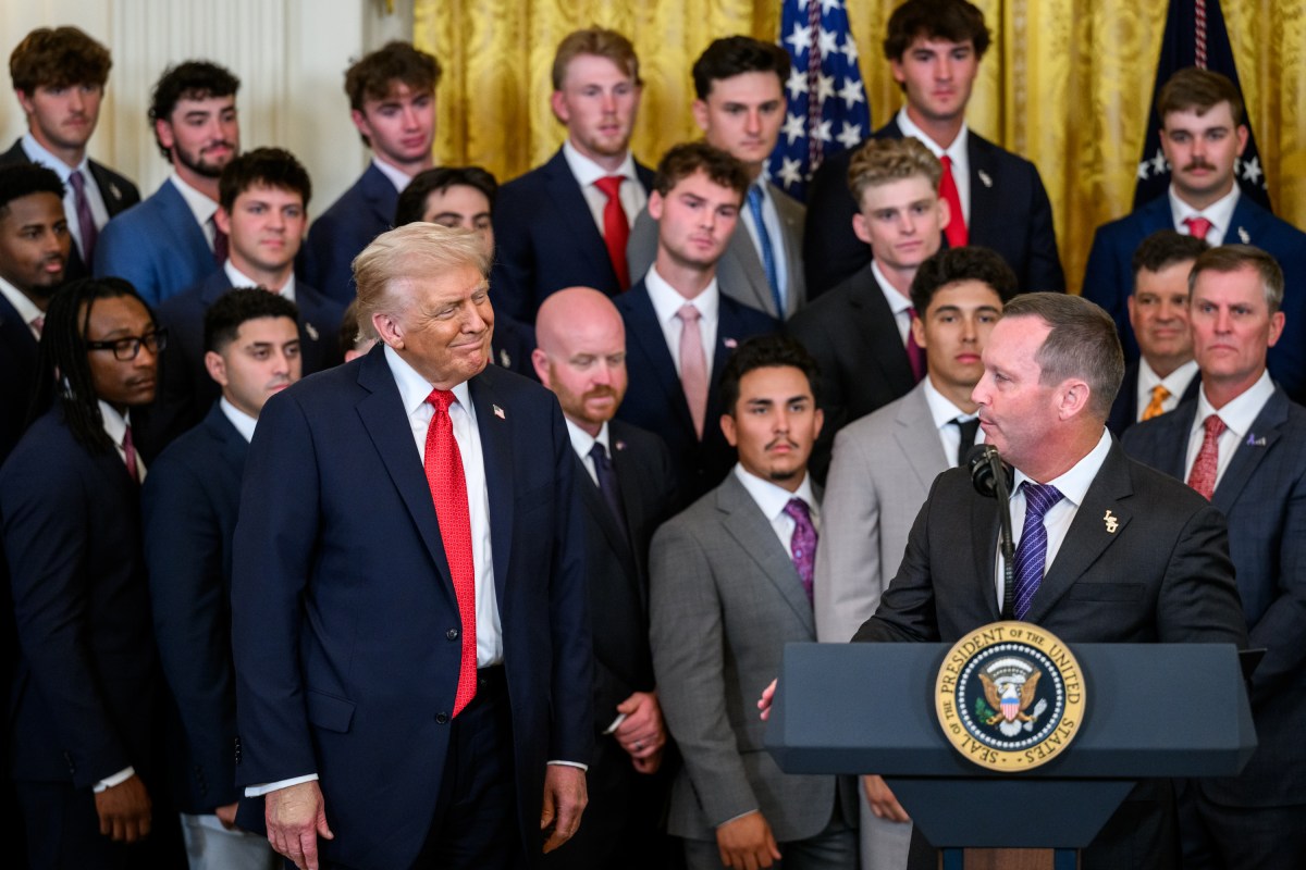 Louisiana State University head baseball coach Jay Johnson delivers remarks in the East Room at an event celebrating the Louisiana State University Tigers and LSU Shreveport Pilots 2025 College World Series Championships, Monday, October 20, 2025. (Official White House Photo by Molly Riley)