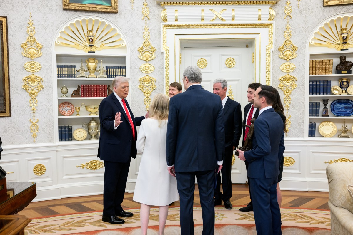 President Donald Trump is presented with the Richard Nixon Architect of Peace Award, Tuesday, October 21, 2025, during a ceremony in the Oval Office. In attendance are Richard Nixon’s daughter, Tricia Nixon Cox, her husband Edward Cox,  ex-national security adviser Robert O’Brien, and acting archivist of the U.S. Jim Byron. (Official White House Photo by Daniel Torok)