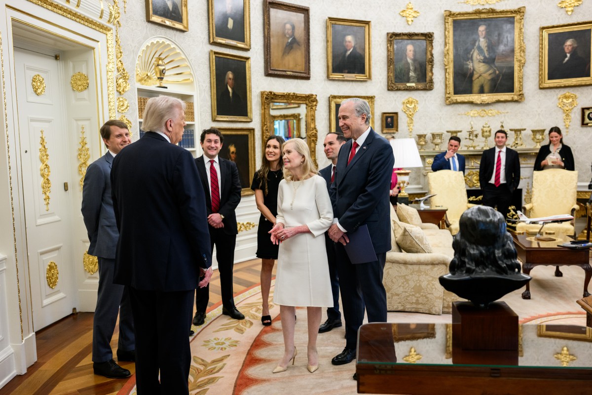 President Donald Trump is presented with the Richard Nixon Architect of Peace Award, Tuesday, October 21, 2025, during a ceremony in the Oval Office. In attendance are Richard Nixon’s daughter, Tricia Nixon Cox, her husband Edward Cox,  ex-national security adviser Robert O’Brien, and acting archivist of the U.S. Jim Byron. (Official White House Photo by Daniel Torok)