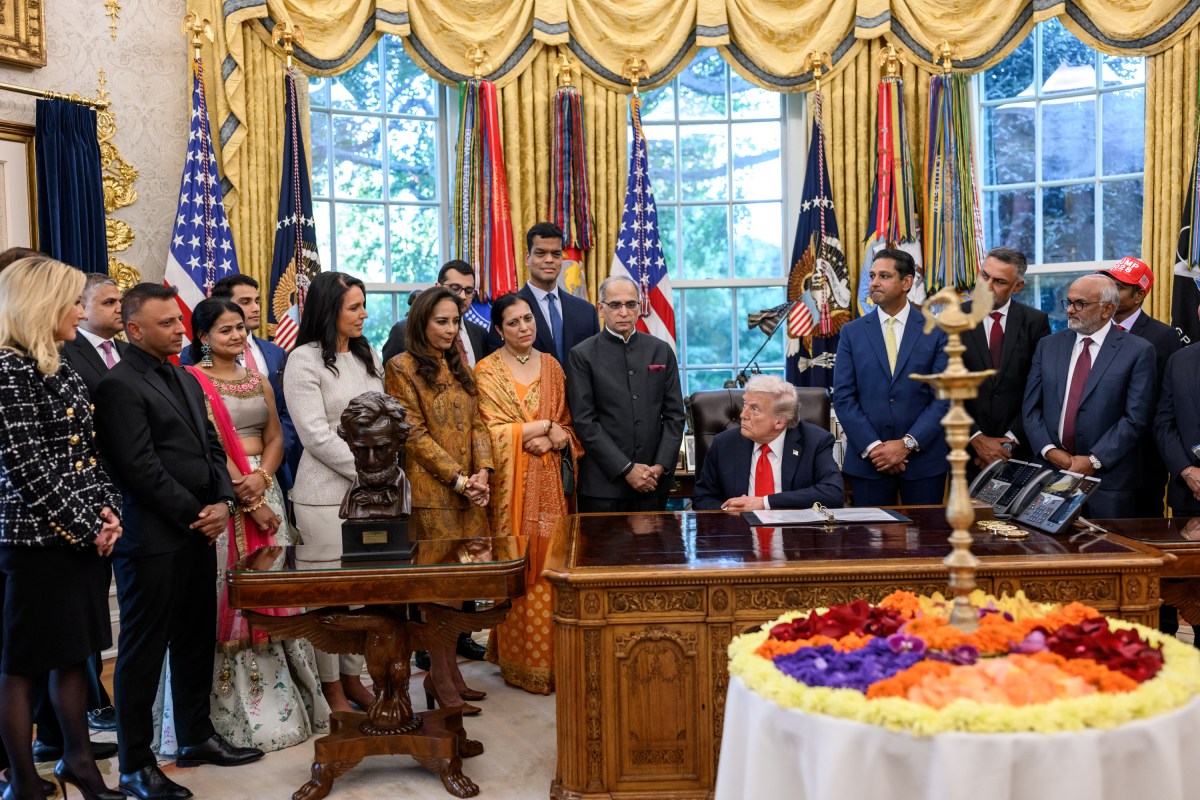 President Donald Trump participates in a Diwali celebration, Tuesday, October 21, 2025, in the Oval Office. (Official White House Photo by Molly Riley)