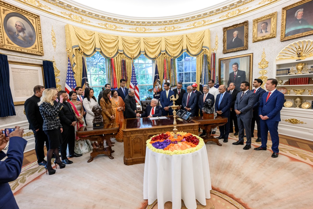 President Donald Trump participates in a Diwali celebration, Tuesday, October 21, 2025, in the Oval Office. (Official White House Photo by Molly Riley)