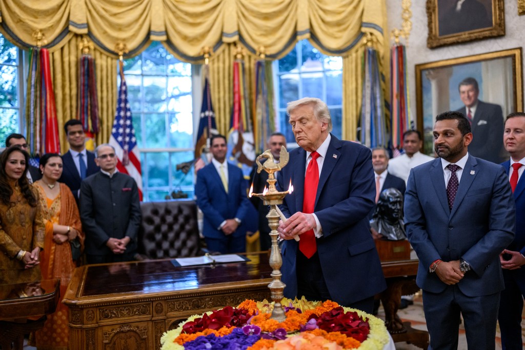 President Donald Trump participates in a Diwali celebration, Tuesday, October 21, 2025, in the Oval Office. (Official White House Photo by Molly Riley)