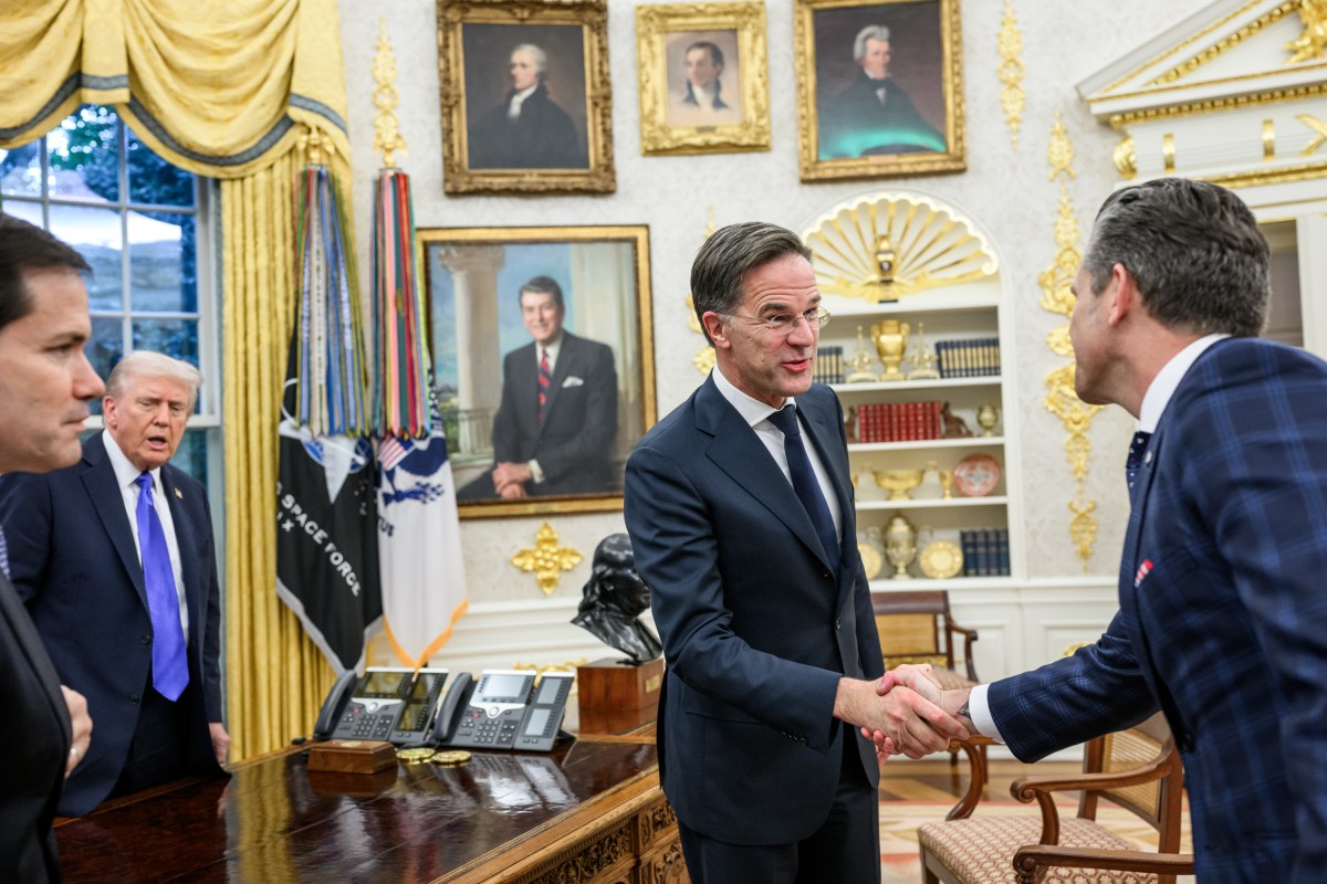 President Donald Trump meets with NATO Secretary General Mark Rutte, Secretary of State Marco Rubio, and Secretary of War Pete Hegseth in the Oval Office, Wednesday, October 22, 2025. (Official White House Photo by Molly Riley)