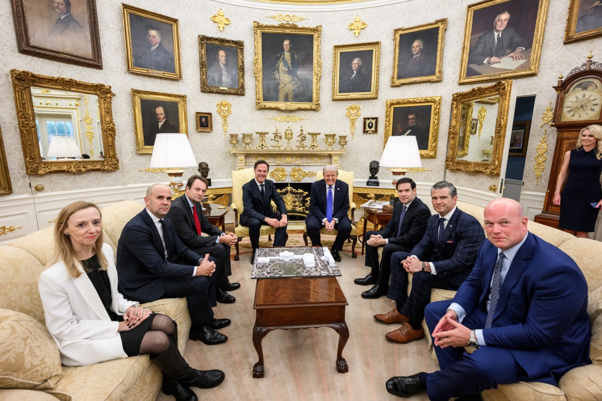President Donald Trump speaks with members of the media alongside NATO Secretary General Mark Rutte, Secretary of State Marco Rubio, and Secretary of War Pete Hegseth in the Oval Office, Wednesday, October 22, 2025. (Official White House Photo by Molly Riley)
