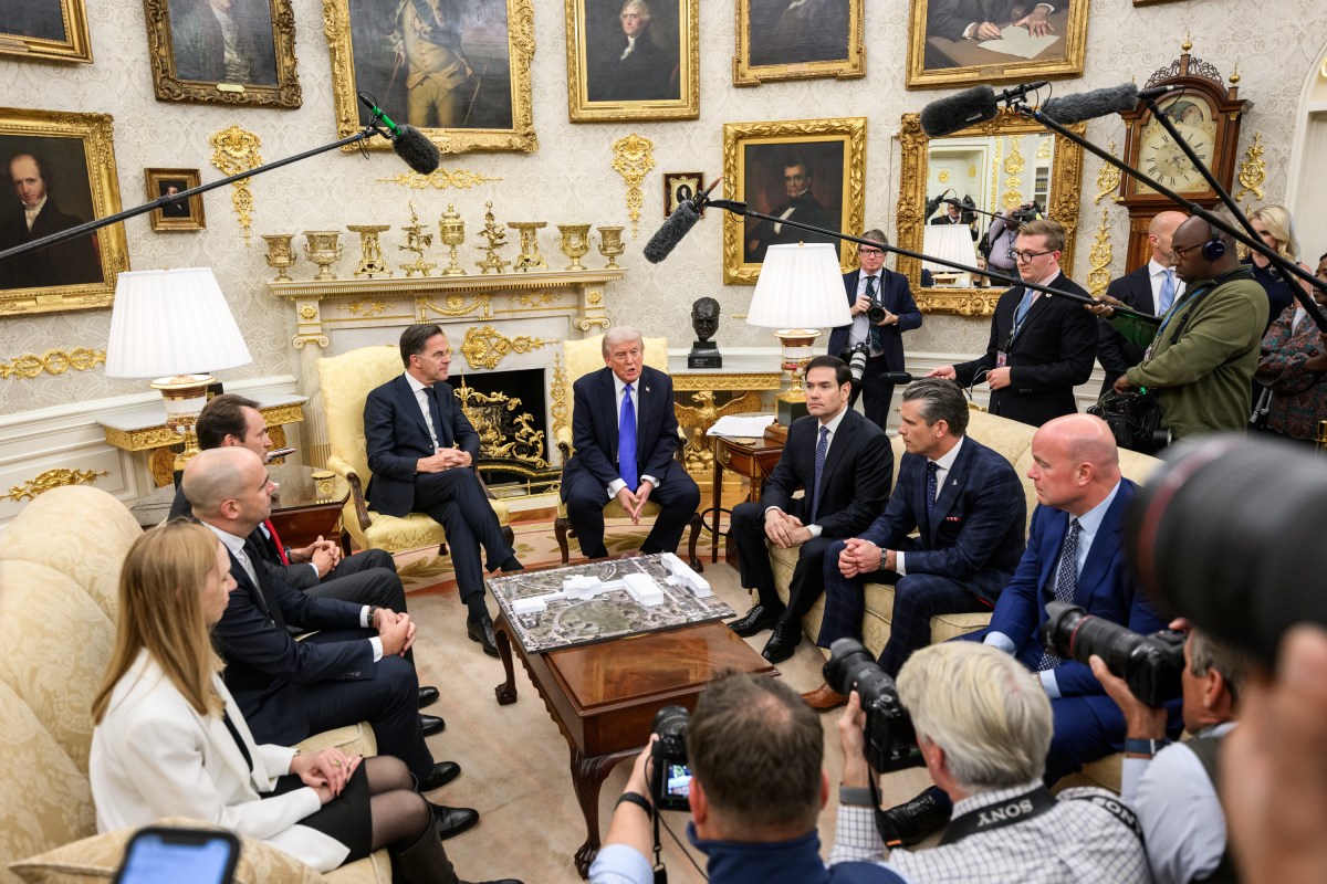 President Donald Trump speaks with members of the media alongside NATO Secretary General Mark Rutte, Secretary of State Marco Rubio, and Secretary of War Pete Hegseth in the Oval Office, Wednesday, October 22, 2025. (Official White House Photo by Molly Riley)