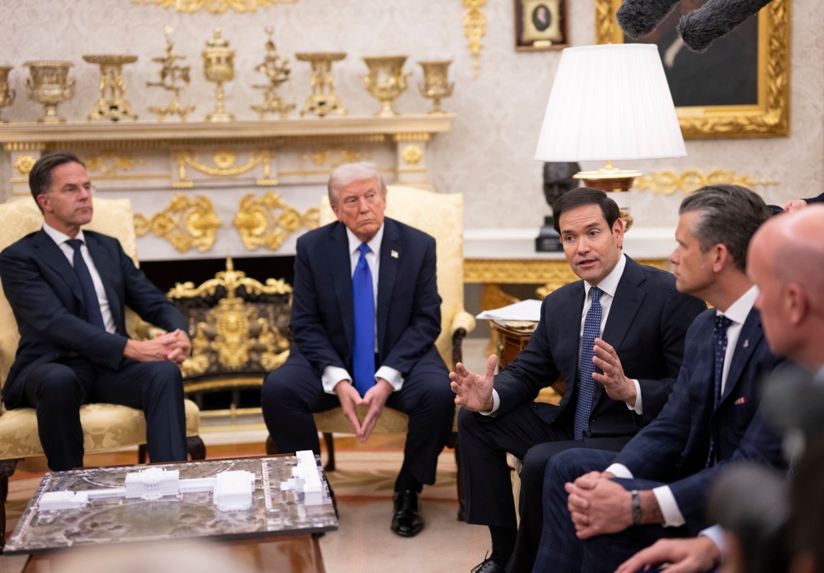 President Donald Trump speaks with members of the media alongside NATO Secretary General Mark Rutte, Secretary of State Marco Rubio, and Secretary of War Pete Hegseth in the Oval Office, Wednesday, October 22, 2025. (Official White House Photo by Molly Riley)