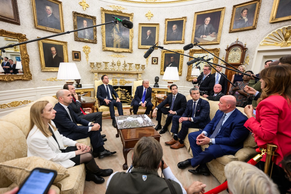 President Donald Trump speaks with members of the media alongside NATO Secretary General Mark Rutte, Secretary of State Marco Rubio, and Secretary of War Pete Hegseth in the Oval Office, Wednesday, October 22, 2025. (Official White House Photo by Molly Riley)
