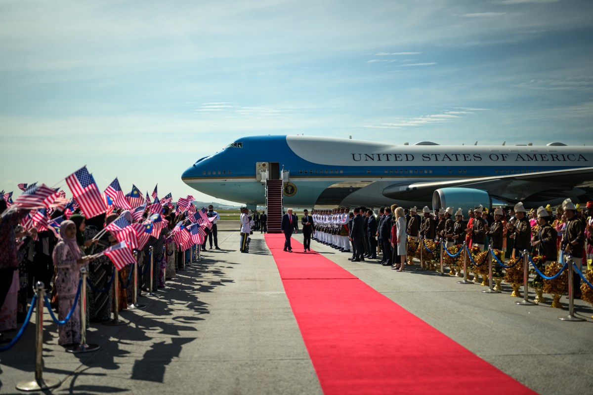 President Donald Trump is greeted by Malaysian Prime Minister Anwar Ibrahim after his arrival at Kuala Lumpur International Airport in Kuala Lumpur, Malaysia, Sunday, October 25, 2025. (Official White House Photo by Daniel Torok)