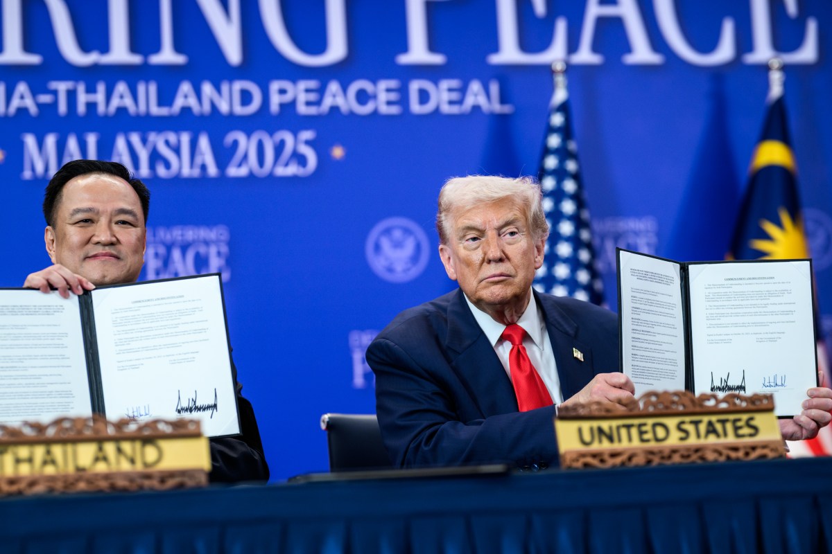 President Donald Trump, Malaysian Prime Minister Seri Anwar Ibrahim, Cambodian Prime Minister Hun Manet, and Thailand’s Prime Minister Anutin Charnvirakul sign the Kuala Lumpur Accord Sunday, October 25, 2025, at the ASEAN Summit in Kuala Lumpur, Malaysia. (Official White House Photo by Daniel Torok)