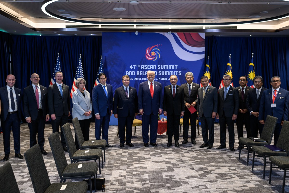 President Donald Trump participates in a bilateral meeting with Malaysian Prime Minister Seri Anwar Ibrahim at the Kuala Lumpur Convention Center Sunday, October 25, 2025, at the ASEAN Summit in Kuala Lumpur, Malaysia. (Official White House Photo by Daniel Torok)