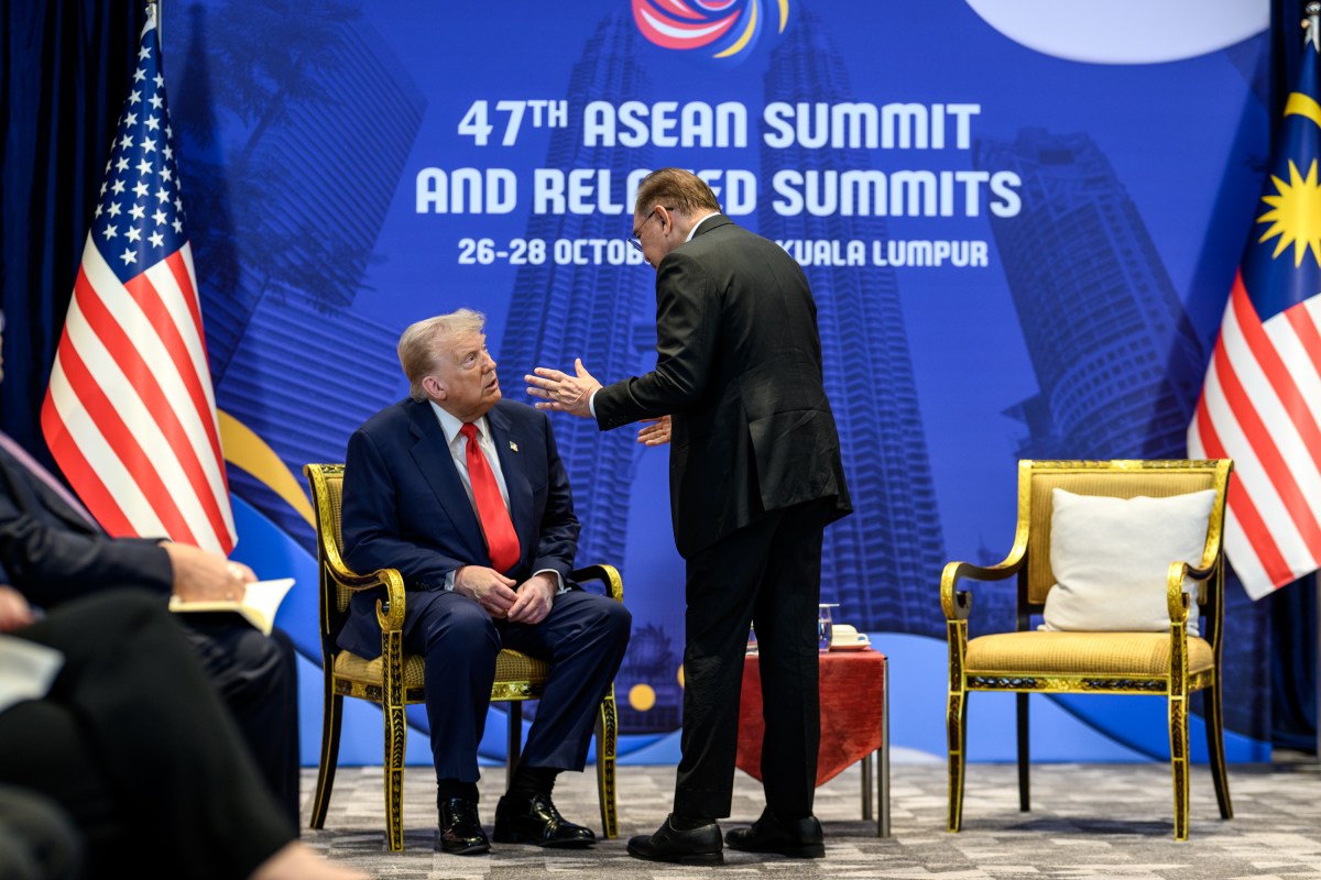 President Donald Trump participates in a bilateral meeting with Malaysian Prime Minister Seri Anwar Ibrahim at the Kuala Lumpur Convention Center Sunday, October 25, 2025, at the ASEAN Summit in Kuala Lumpur, Malaysia. (Official White House Photo by Daniel Torok)