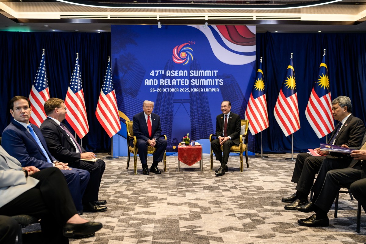 President Donald Trump participates in a bilateral meeting with Malaysian Prime Minister Seri Anwar Ibrahim at the Kuala Lumpur Convention Center Sunday, October 25, 2025, at the ASEAN Summit in Kuala Lumpur, Malaysia. (Official White House Photo by Daniel Torok)