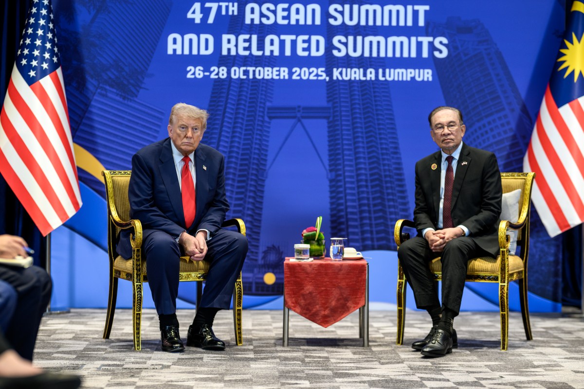 President Donald Trump participates in a bilateral meeting with Malaysian Prime Minister Seri Anwar Ibrahim at the Kuala Lumpur Convention Center Sunday, October 25, 2025, at the ASEAN Summit in Kuala Lumpur, Malaysia. (Official White House Photo by Daniel Torok)