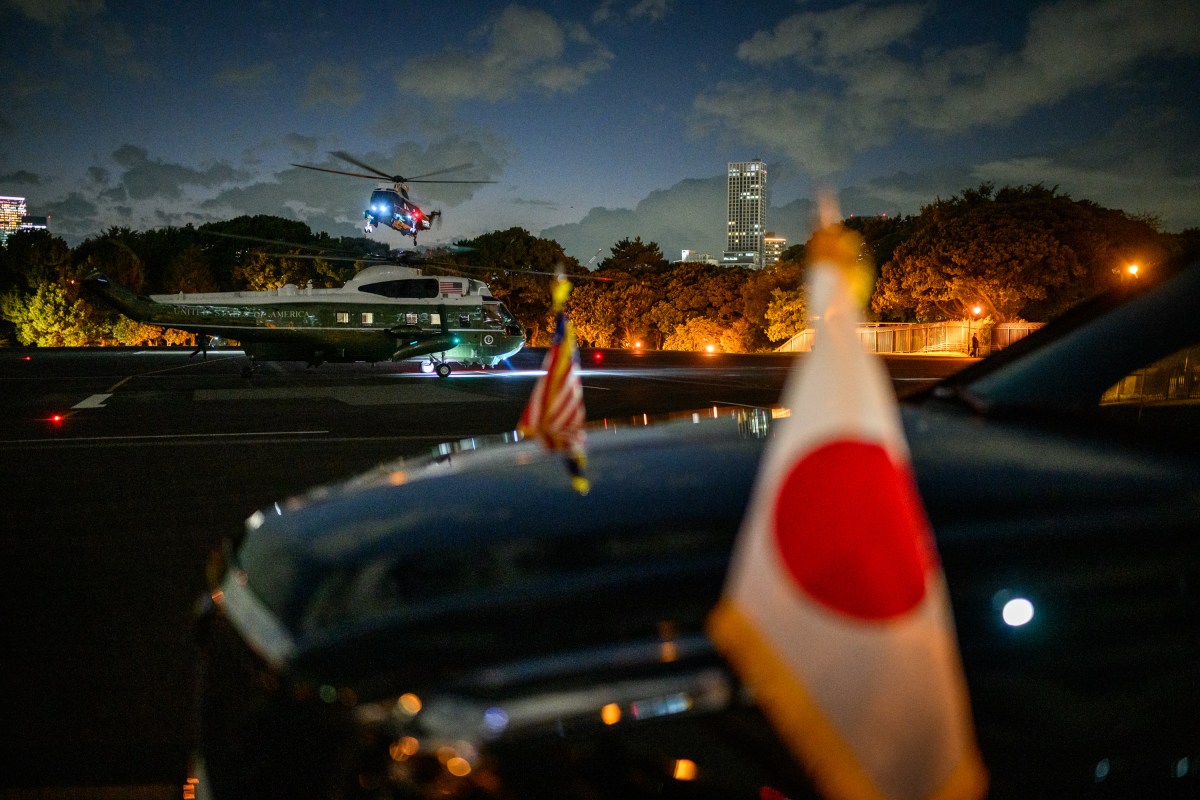 President Donald Trump, on board Marine One, lands at Hardy Barracks in Tokyo, Japan, before meeting with Japanese Emperor Naruhito, Monday, October 27, 2025. (Official White House Photo by Daniel Torok)