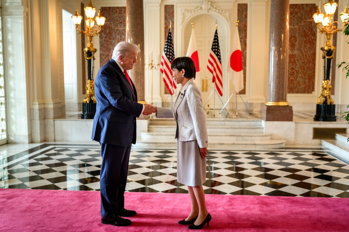 President Donald Trump is greeted by Japanese Prime Minister Sanae Takaichi at Akasaka Palace, Tuesday, October 28, 2025, in Tokyo, Japan. (Official White House Photo by Daniel Torok)