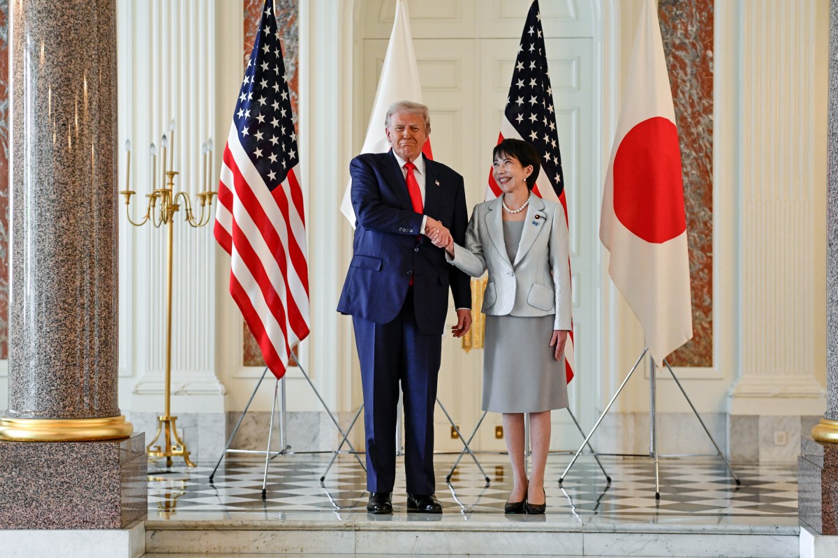 President Donald Trump is greeted by Japanese Prime Minister Sanae Takaichi at Akasaka Palace, Tuesday, October 28, 2025, in Tokyo, Japan. (Official White House Photo by Daniel Torok)