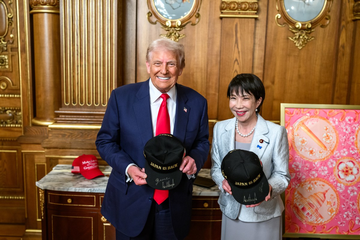 President Donald Trump exchanges gifts with Japanese Prime Minister Sanae Takaichi, Tuesday, October 28, 2025, at Akasaka Palace in Tokyo, Japan. (Official White House Photo by Daniel Torok)