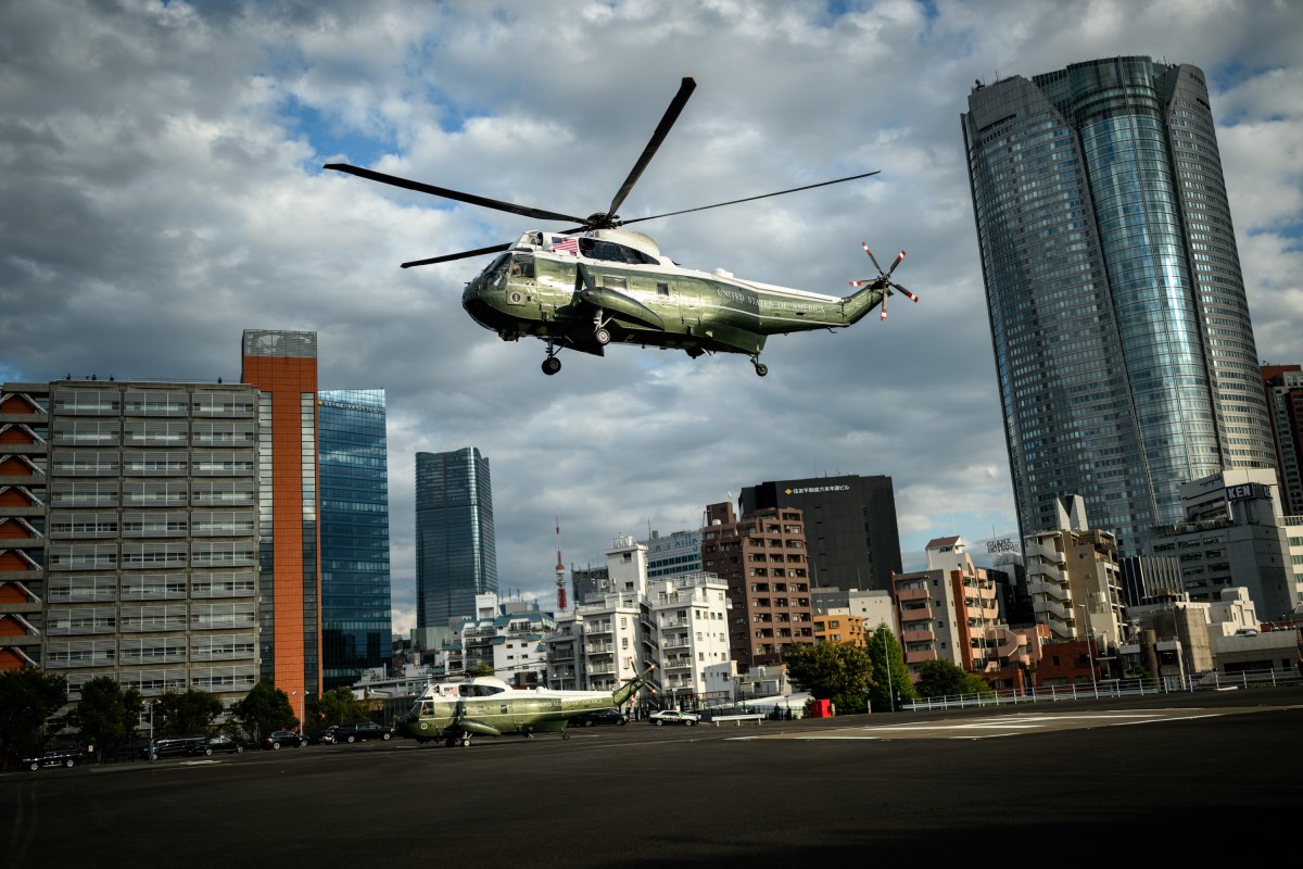 President Donald Trump takes off on Marine One at Hardy Barracks in Tokyo, Japan on Tuesday, October 28, 2025, en route the USS George Washington at Yokosuka Naval Base. (Official White House Photo by Daniel Torok)