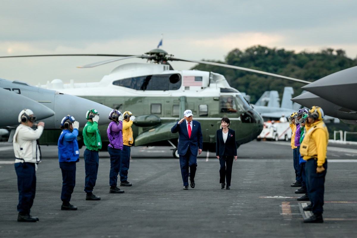 President Donald Trump disembarks Marine One alongside Japanese Prime Minister Sanae Takaichi aboard the USS George Washington at Yokosuka Naval Base, Japan on Tuesday, October 28, 2025. (Official White House Photo by Daniel Torok)