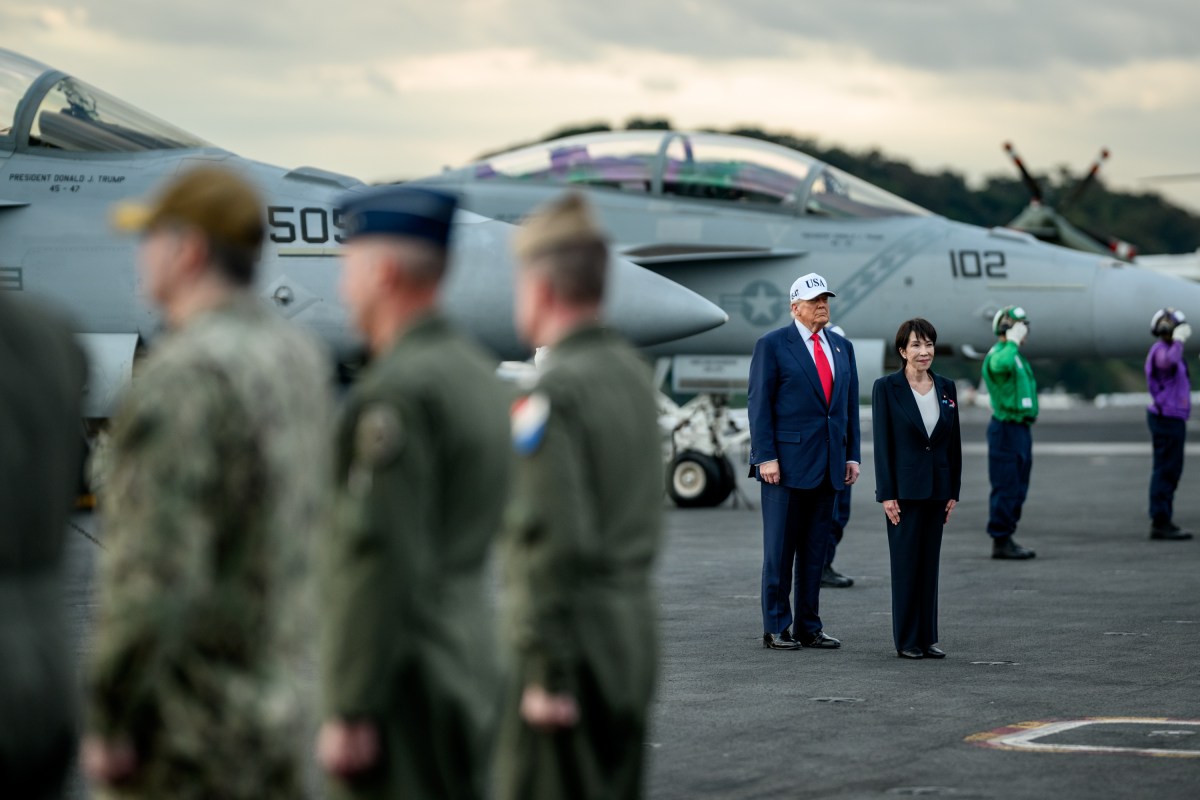 President Donald Trump greets military leadership alongside Japanese Prime Minister Sanae Takaichi aboard the USS George Washington at Yokosuka Naval Base, Japan on Tuesday, October 28, 2025.  (Official White House Photo by Daniel Torok)