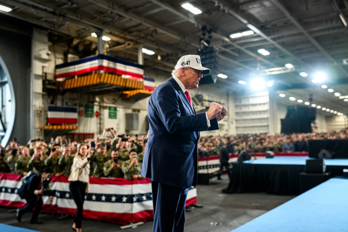 President Donald Trump arrives to deliver remarks to Yokosuka Naval troops aboard the USS George Washington at Yokosuka Naval Base, Japan on Tuesday, October 28, 2025.  (Official White House Photo by Daniel Torok)