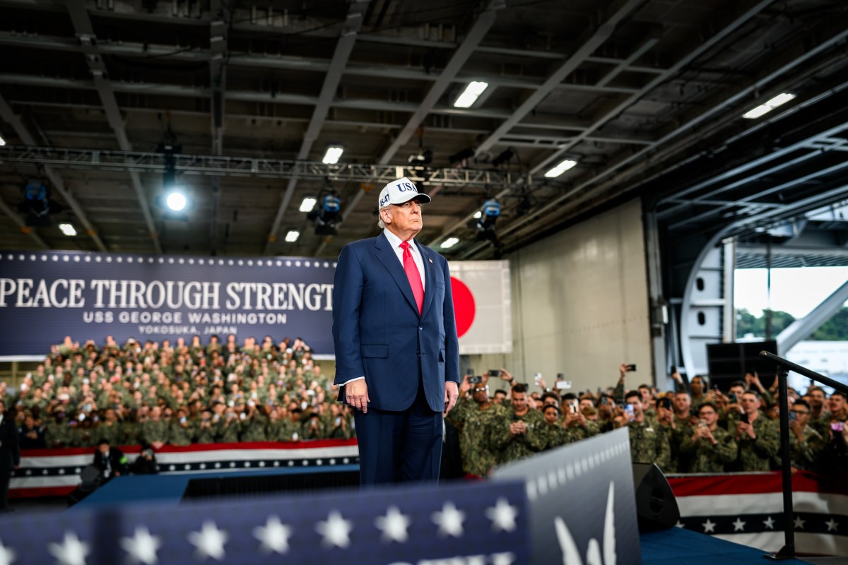 President Donald Trump arrives to deliver remarks to Yokosuka Naval troops aboard the USS George Washington at Yokosuka Naval Base, Japan on Tuesday, October 28, 2025.  (Official White House Photo by Daniel Torok)