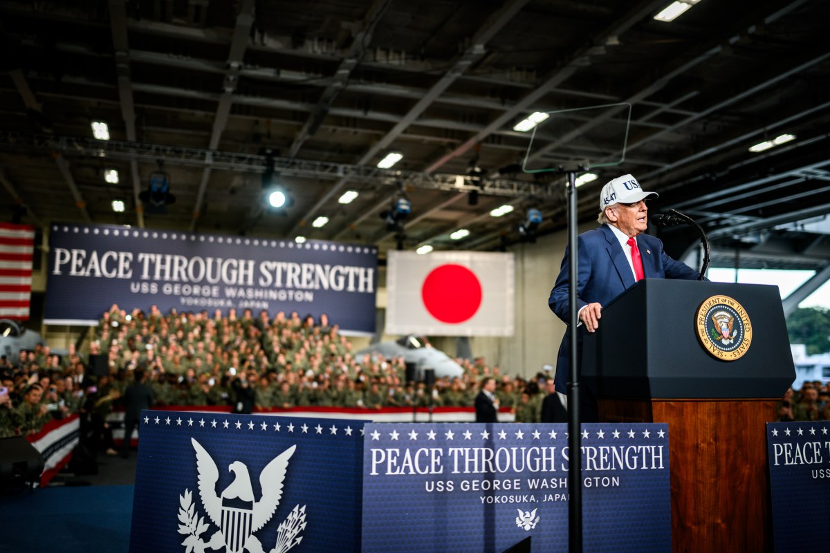 President Donald Trump delivers remarks to Yokosuka Naval troops aboard the USS George Washington at Yokosuka Naval Base, Japan on Tuesday, October 28, 2025.  (Official White House Photo by Daniel Torok)