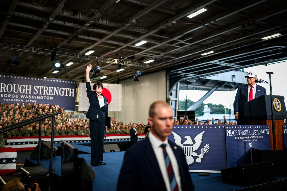 President Donald Trump welcomes Japanese Prime Minister Sanae Takaichi to deliver remarks to Yokosuka Naval troops aboard the USS George Washington at Yokosuka Naval Base, Japan on Tuesday, October 28, 2025.  (Official White House Photo by Daniel Torok)