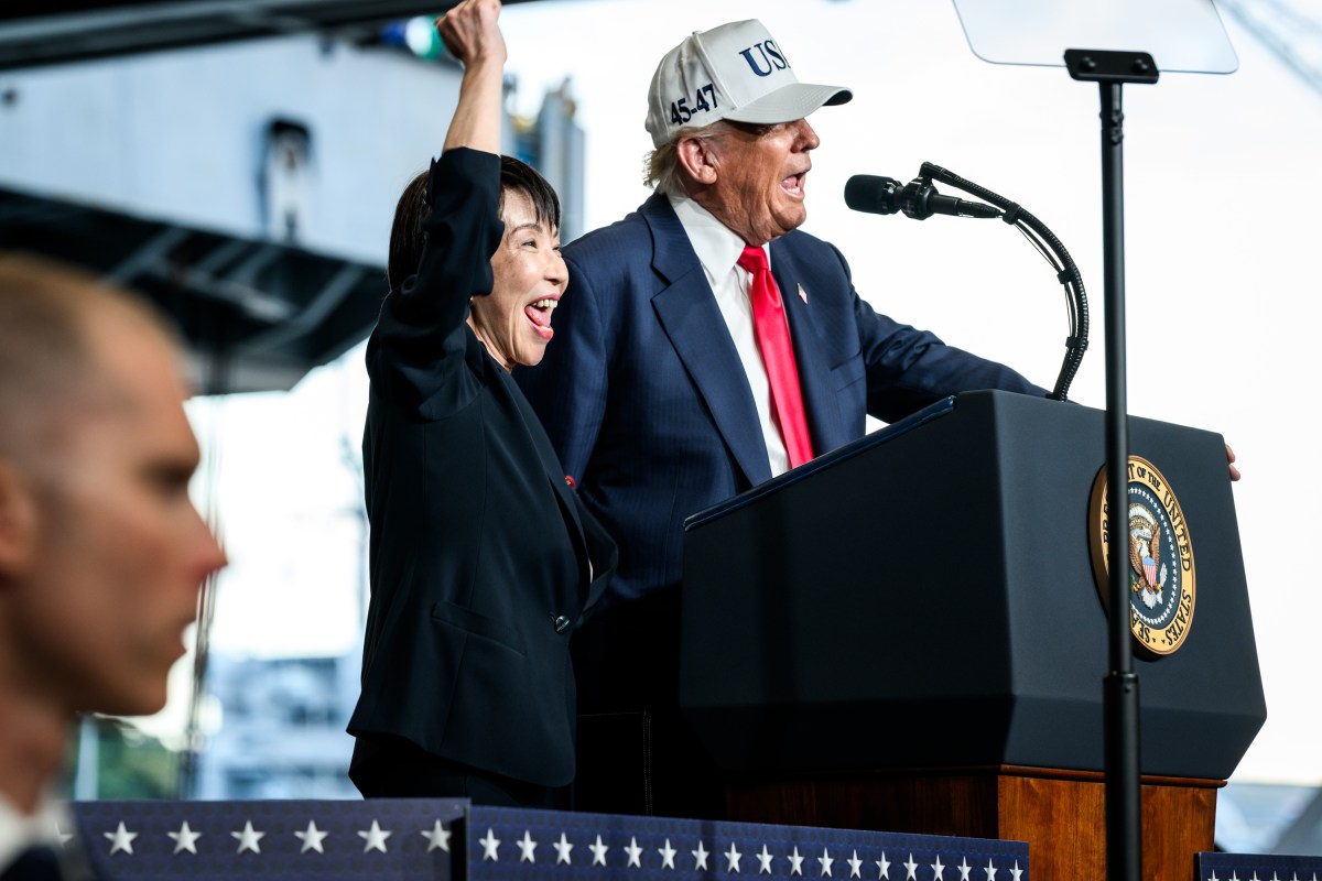 President Donald Trump welcomes Japanese Prime Minister Sanae Takaichi to deliver remarks to Yokosuka Naval troops aboard the USS George Washington at Yokosuka Naval Base, Japan on Tuesday, October 28, 2025.  (Official White House Photo by Daniel Torok)