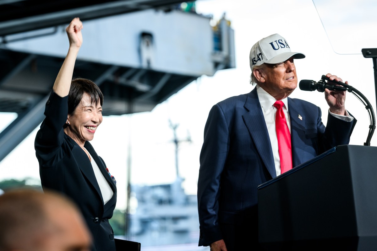 President Donald Trump welcomes Japanese Prime Minister Sanae Takaichi to deliver remarks to Yokosuka Naval troops aboard the USS George Washington at Yokosuka Naval Base, Japan on Tuesday, October 28, 2025.  (Official White House Photo by Daniel Torok)