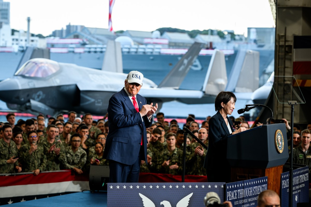 President Donald Trump welcomes Japanese Prime Minister Sanae Takaichi to deliver remarks to Yokosuka Naval troops aboard the USS George Washington at Yokosuka Naval Base, Japan on Tuesday, October 28, 2025.  (Official White House Photo by Daniel Torok)