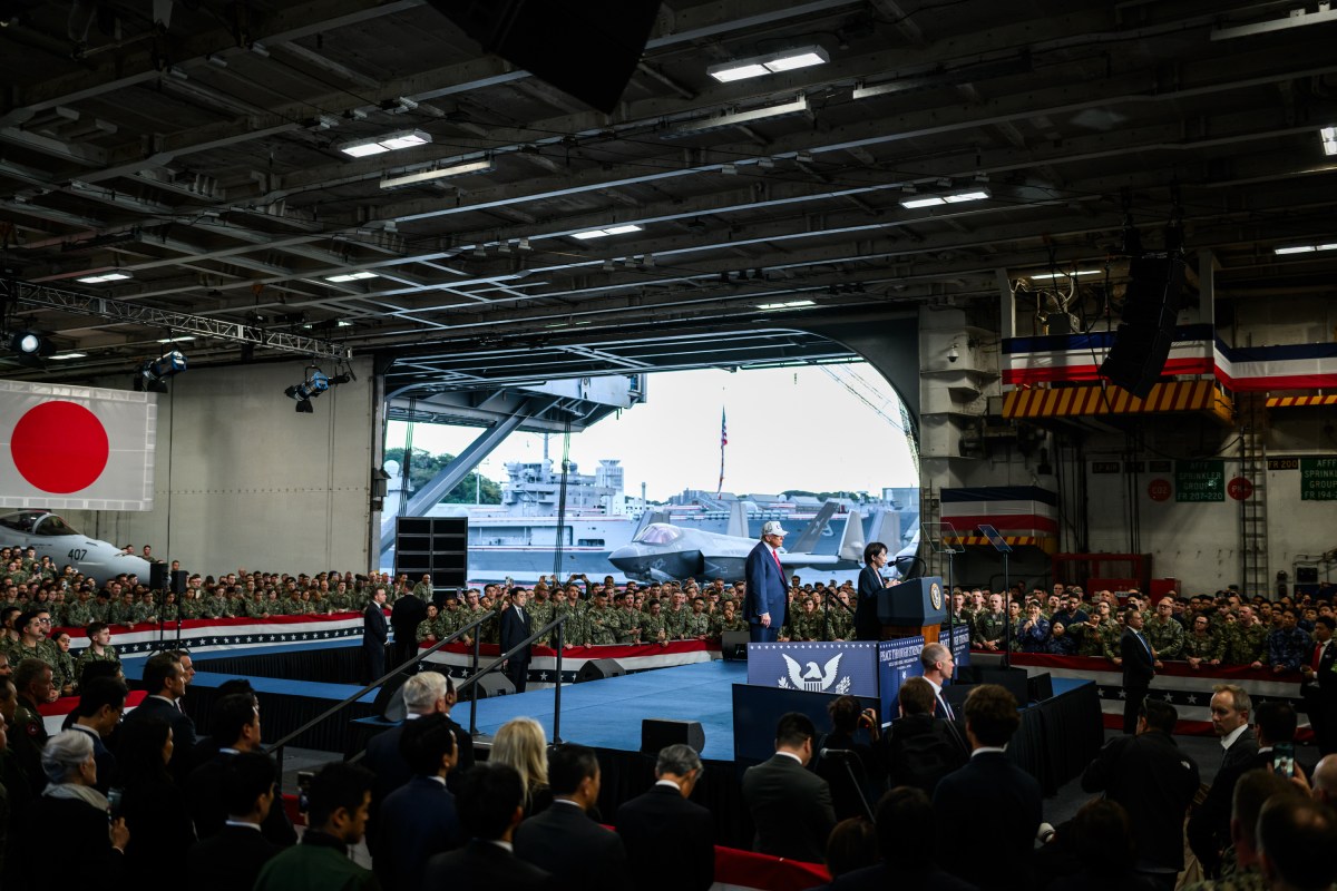 President Donald Trump welcomes Japanese Prime Minister Sanae Takaichi to deliver remarks to Yokosuka Naval troops aboard the USS George Washington at Yokosuka Naval Base, Japan on Tuesday, October 28, 2025.  (Official White House Photo by Daniel Torok)