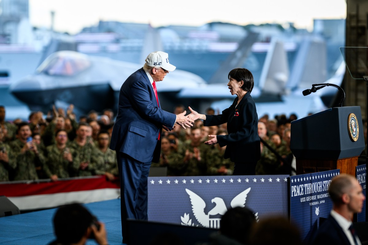 President Donald Trump welcomes Japanese Prime Minister Sanae Takaichi to deliver remarks to Yokosuka Naval troops aboard the USS George Washington at Yokosuka Naval Base, Japan on Tuesday, October 28, 2025.  (Official White House Photo by Daniel Torok)