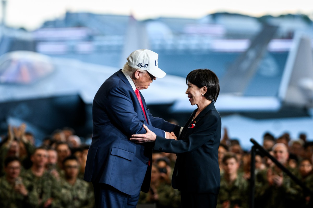 President Donald Trump welcomes Japanese Prime Minister Sanae Takaichi to deliver remarks to Yokosuka Naval troops aboard the USS George Washington at Yokosuka Naval Base, Japan on Tuesday, October 28, 2025.  (Official White House Photo by Daniel Torok)