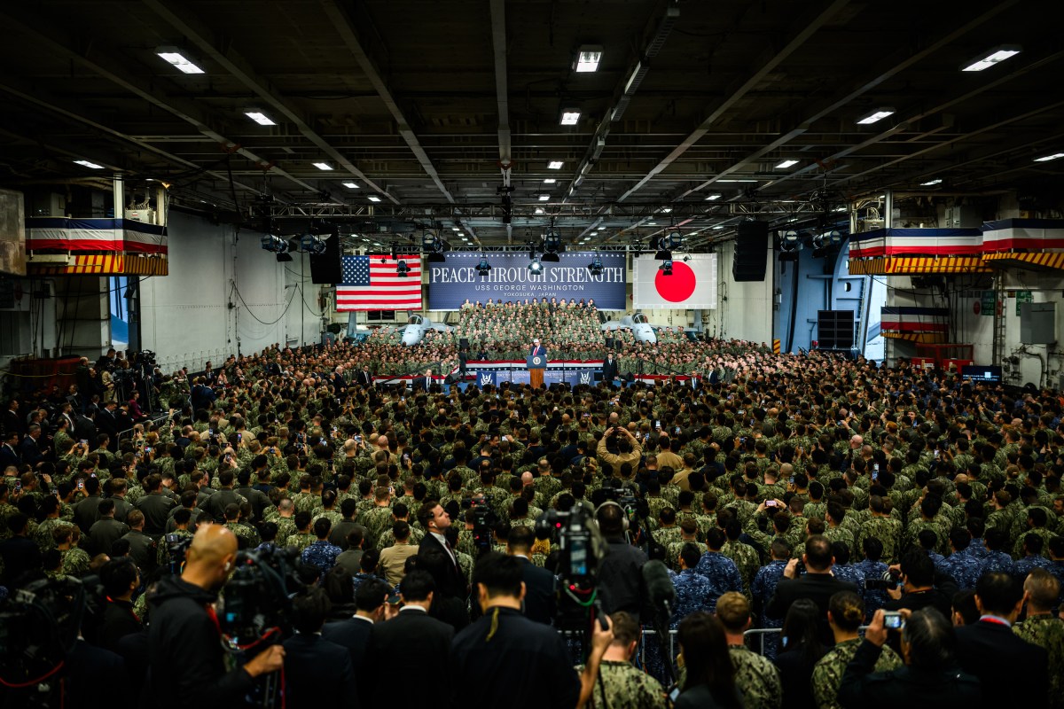 President Donald Trump delivers remarks to Yokosuka Naval troops aboard the USS George Washington at Yokosuka Naval Base, Japan on Tuesday, October 28, 2025.  (Official White House Photo by Daniel Torok)