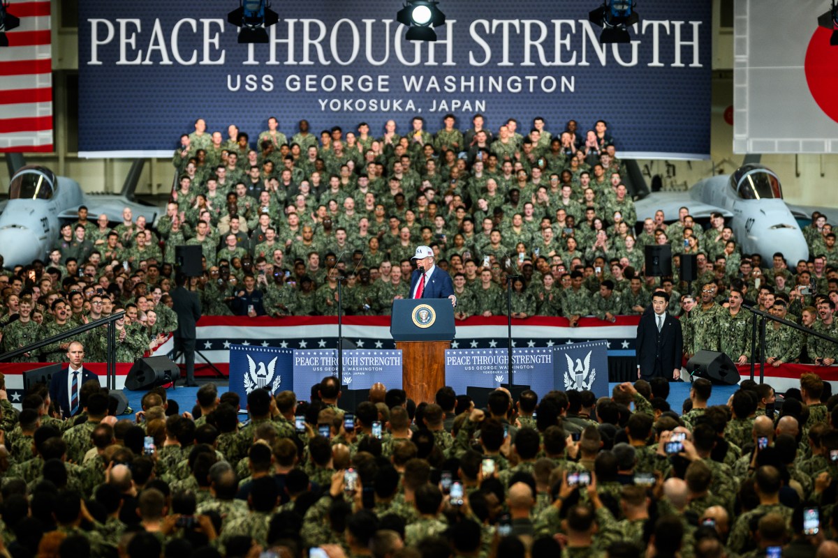 President Donald Trump delivers remarks to Yokosuka Naval troops aboard the USS George Washington at Yokosuka Naval Base, Japan on Tuesday, October 28, 2025.  (Official White House Photo by Daniel Torok)