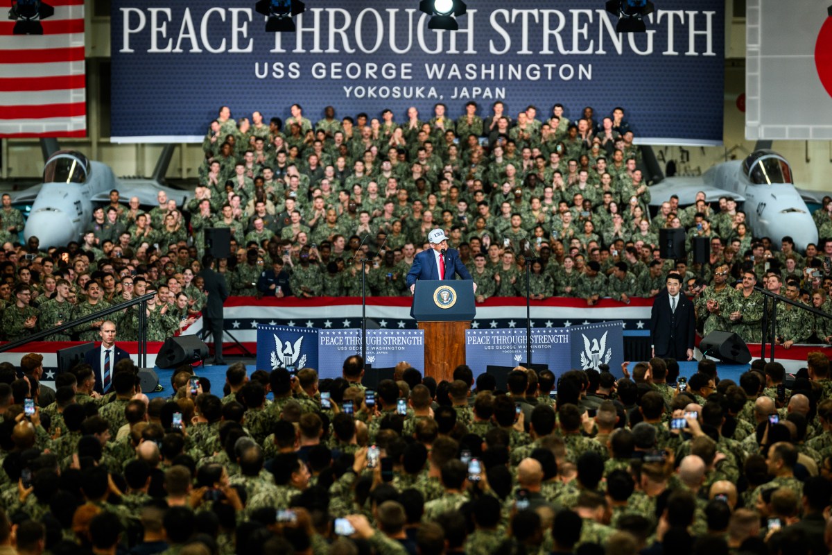 President Donald Trump delivers remarks to Yokosuka Naval troops aboard the USS George Washington at Yokosuka Naval Base, Japan on Tuesday, October 28, 2025.  (Official White House Photo by Daniel Torok)