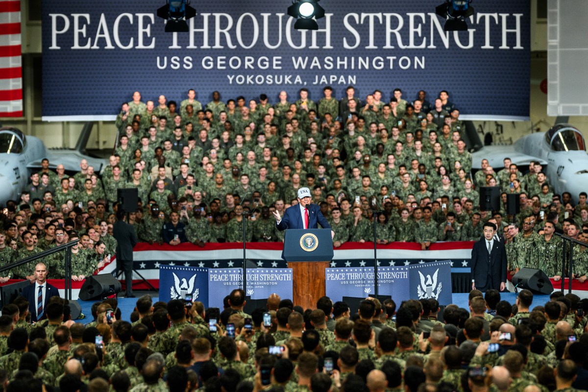 President Donald Trump delivers remarks to Yokosuka Naval troops aboard the USS George Washington at Yokosuka Naval Base, Japan on Tuesday, October 28, 2025.  (Official White House Photo by Daniel Torok)