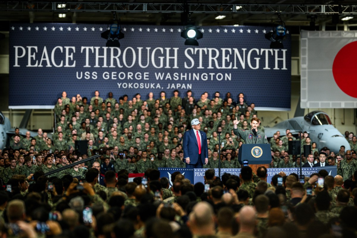 President Donald Trump delivers remarks to Yokosuka Naval troops aboard the USS George Washington at Yokosuka Naval Base, Japan on Tuesday, October 28, 2025.  (Official White House Photo by Daniel Torok)