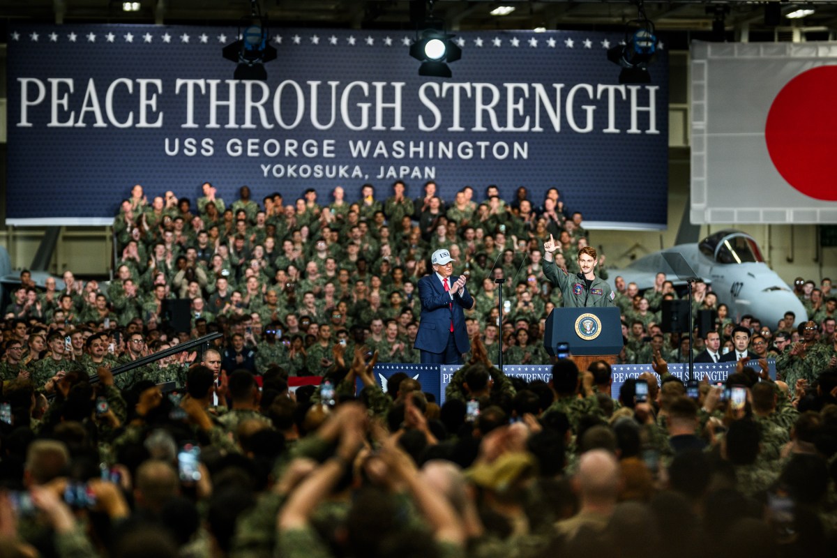 President Donald Trump delivers remarks to Yokosuka Naval troops aboard the USS George Washington at Yokosuka Naval Base, Japan on Tuesday, October 28, 2025.  (Official White House Photo by Daniel Torok)