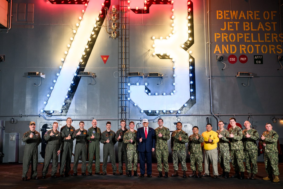 President Donald Trump greets U.S. Navy sailors after delivering a speech aboard the USS George Washington at Yokosuka Naval Base, Japan on Tuesday, October 28, 2025. (Official White House Photo by Daniel Torok)