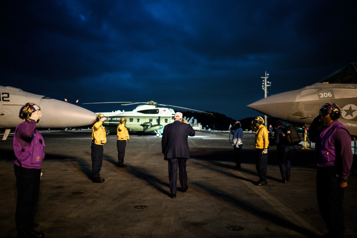 President Donald Trump greets U.S. Navy sailors after delivering a speech aboard the USS George Washington at Yokosuka Naval Base, Japan on Tuesday, October 28, 2025. (Official White House Photo by Daniel Torok)