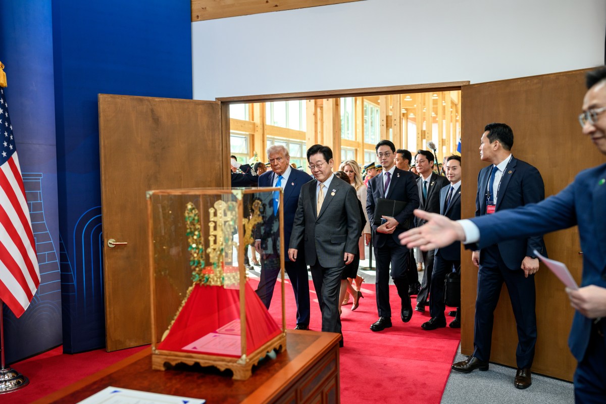 President Donald Trump is awarded the Grand Order of Mugunghwa by South Korean President Lee Jae Myung during a ceremony at the Gyeongju National Museum, South Korea on Wednesday, October 29, 2025. (Official White House Photo by Daniel Torok)