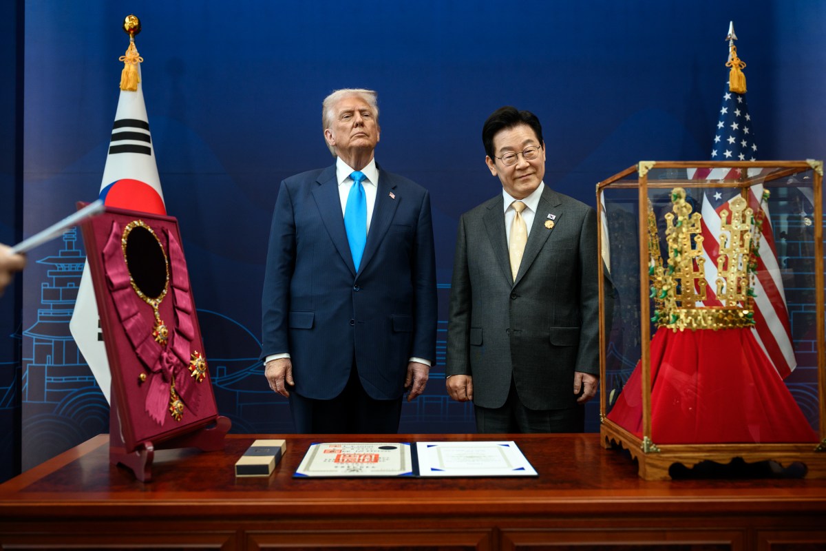 President Donald Trump is awarded the Grand Order of Mugunghwa by South Korean President Lee Jae Myung during a ceremony at the Gyeongju National Museum, South Korea on Wednesday, October 29, 2025. (Official White House Photo by Daniel Torok)