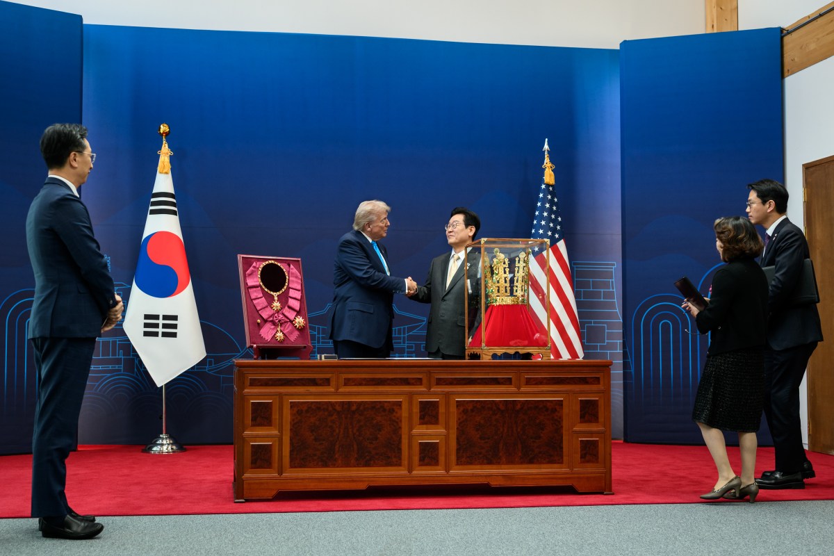 President Donald Trump is awarded the Grand Order of Mugunghwa by South Korean President Lee Jae Myung during a ceremony at the Gyeongju National Museum, South Korea on Wednesday, October 29, 2025. (Official White House Photo by Daniel Torok)