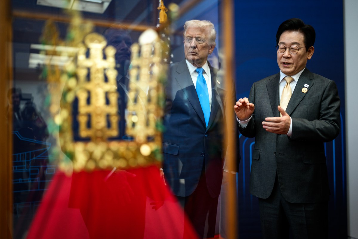 President Donald Trump is awarded the Grand Order of Mugunghwa by South Korean President Lee Jae Myung during a ceremony at the Gyeongju National Museum, South Korea on Wednesday, October 29, 2025. (Official White House Photo by Daniel Torok)